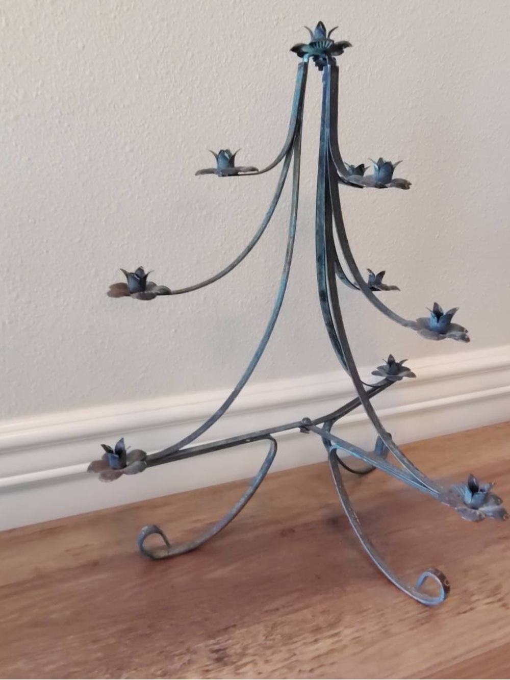 Vtg Mcm Wrought Iron Tree Candelabra Verdigris Ornate Scroll Legs Hollywood Goth